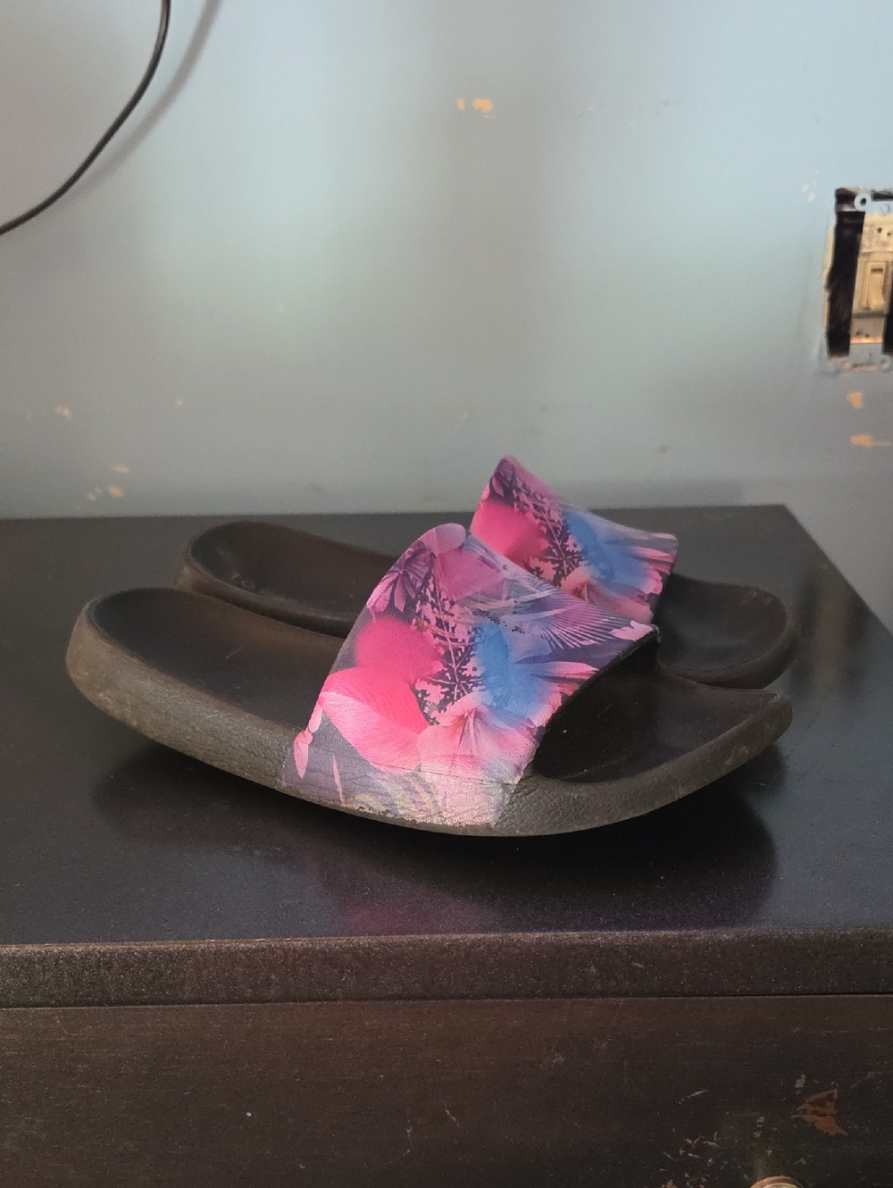 torrid Black Slide Sandals with Pink & Blue Floral Strap